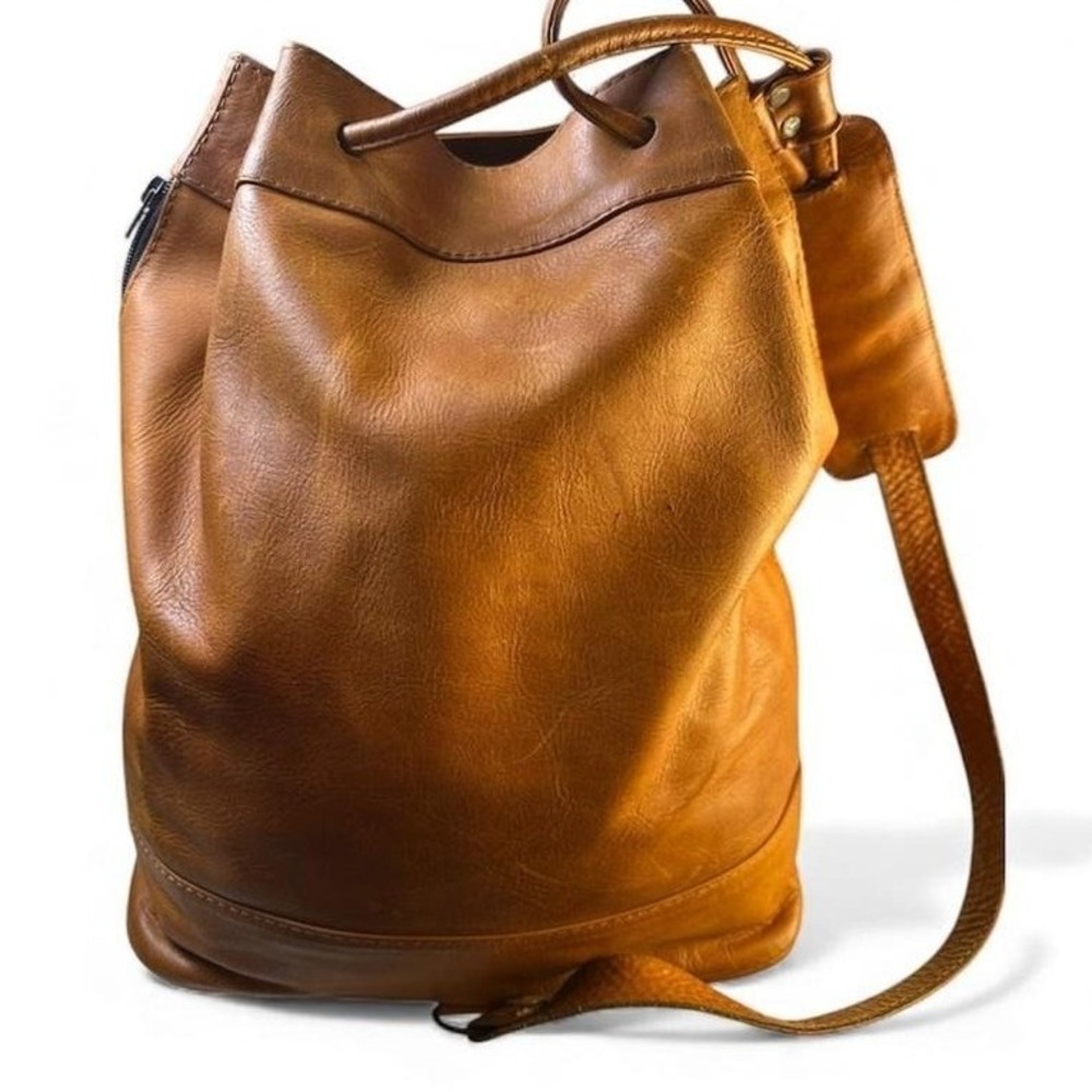Kalahari Leather Bucket Backpack Brown Drawstring Flap Pocket Adjustable Straps - Picture 7 of 9